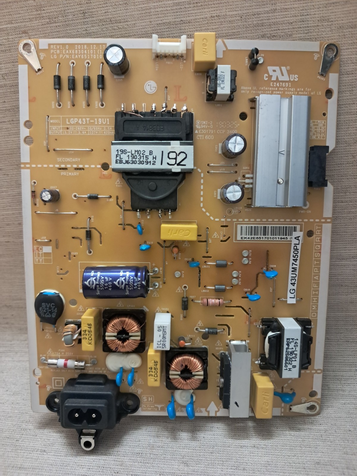 LG 43UM7450PLA POWER SUPPLY BOARD EAX68304101 (1.7)