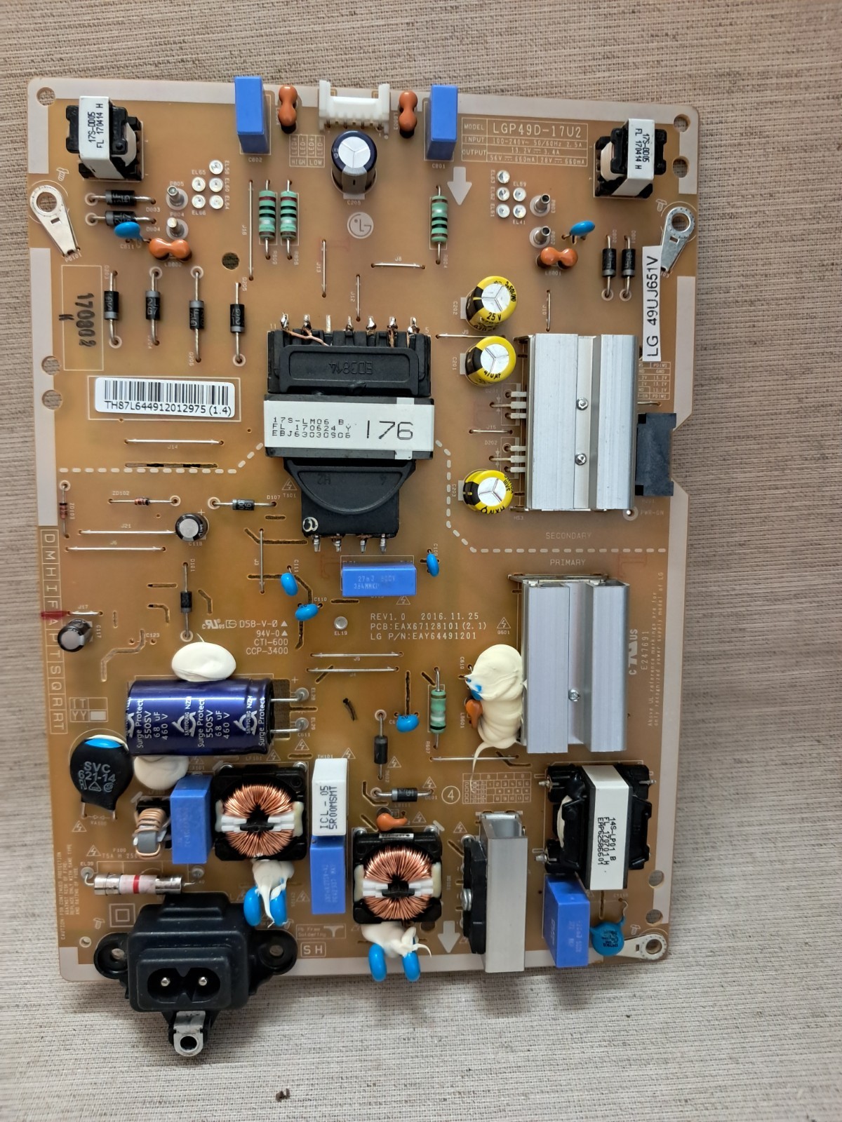 LG 49UJ651V POWER SUPPLY BOARD EAX67128101 (2.1)