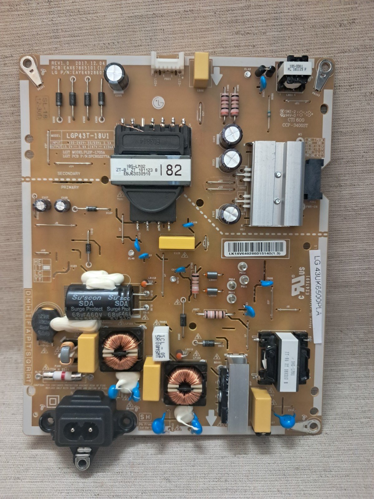 LG 43UK6500PLA POWER SUPPLY BOARD EAX67865101 (1.6)